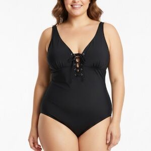 ADOREME Evangeline Solid Black Crisscross Lace Up Plunge One Piece Swimsuit 2X